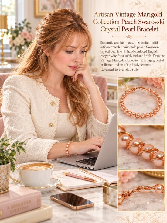 Jewelry - Artisan Vintage Marigold Collection Peach Swarovski Crystal Pearl Bracelet